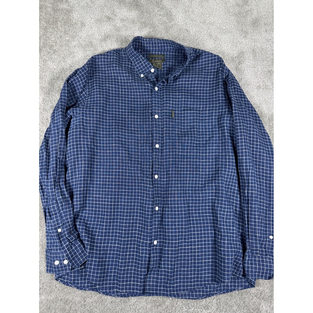 Ariat Mens XL Blue White Grid Linen Button Down Shirt Wrinkle Free Long Sleeve